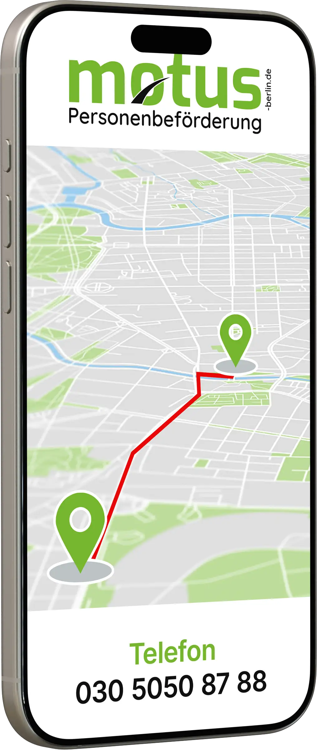 Ein modernes Smartphone zeigt auf seinem Display die Benutzeroberfläche eines Navigationssystems mit einer stilisierten Stadtkarte in Grautönen. Zwei grüne Standortmarkierungen sind durch eine rote Route verbunden, die eine Fahrtstrecke visualisiert. Im oberen Bereich des Bildschirms steht prominent das grüne Logo von Motus mit dem Zusatz „Personenbeförderung“ sowie der Domainzusatz „-berlin.de“. Am unteren Rand des Bildschirms ist in grüner und schwarzer Schrift die Telefonnummer von Motus abgebildet: 030 5050 87 88. Das Bild vermittelt digitale Mobilität und barrierefreie Orientierung – ein zentraler Bestandteil der Dienstleistung mit Motus.