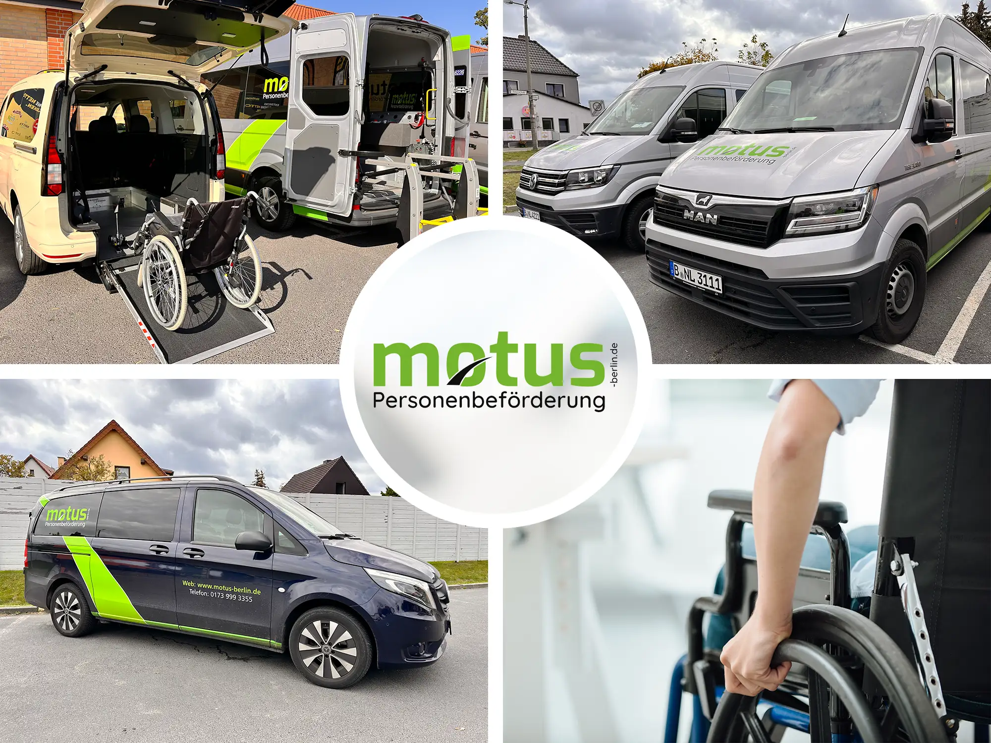 Eine Collage aus fünf Bildern zeigt verschiedene Aspekte der barrierefreien Personenbeförderung mit Motus. Oben links: ein Fahrzeug mit ausklappbarer Rollstuhlrampe; oben rechts: zwei silberne Transporter mit Motus-Logo auf einem Parkplatz; unten links: ein dunkelblauer Motus-Van mit auffälliger grüner Beklebung und Kontaktangaben an der Fahrzeugseite; unten rechts: ein Mensch greift nach dem Rad eines Rollstuhls in Innenraumszene. Im Zentrum ist das grüne Motus-Logo auf weißem Kreis vor neutralem Hintergrund platziert. Die Bildkomposition vermittelt Professionalität, Barrierefreiheit und ein starkes Engagement für inklusive Mobilität mit Motus.